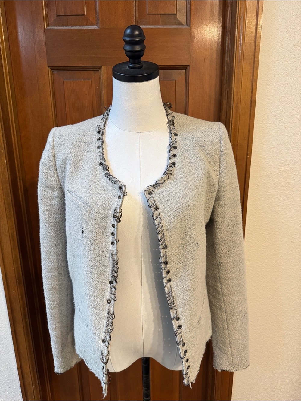 IRO Light Gray Bouclé Trimmed Open Blazer Size 2